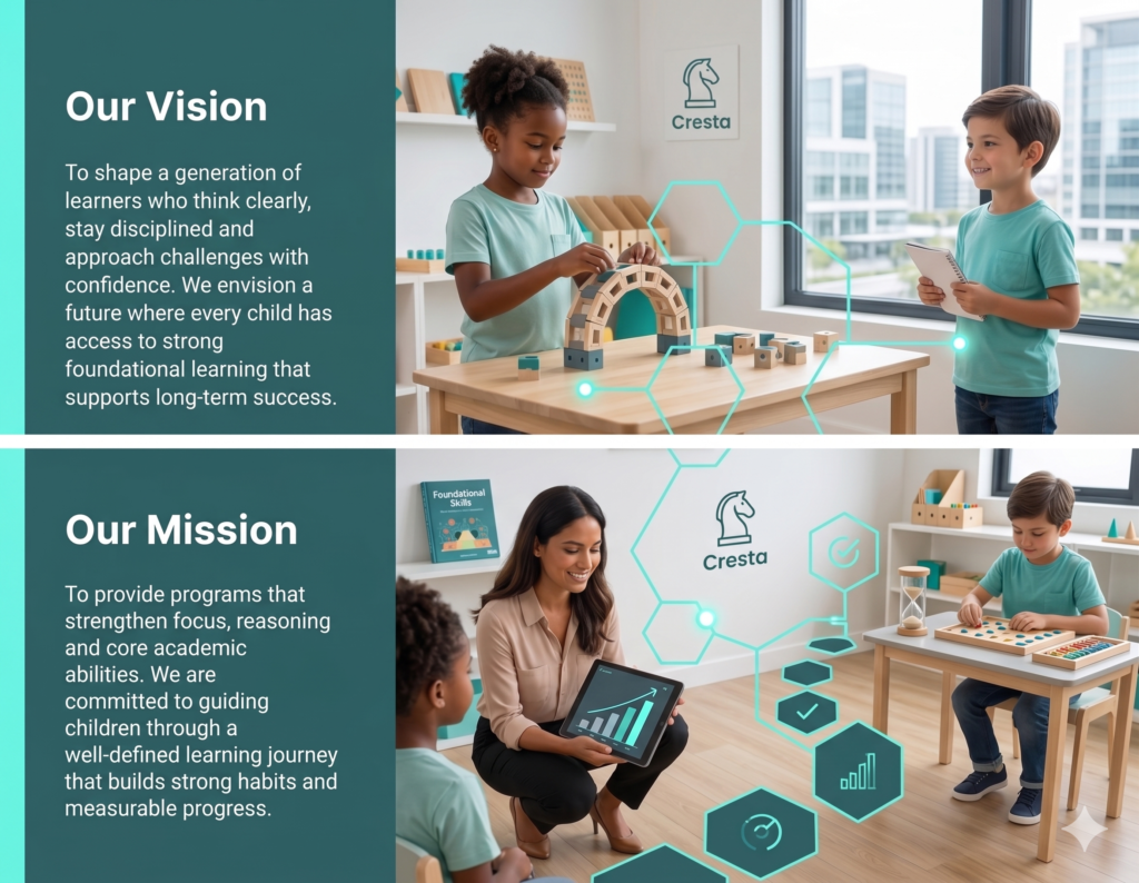 An educator and two students engaging with interactive learning tools in an organized classroom setting. A woman shows a tablet displaying a growth chart to a seated child, while another boy at a desk works with an abacus and wooden puzzles. The image is overlaid with teal hexagonal icons representing data, progress, and focus, maintaining a cohesive branding style with the "Cresta" logo visible in the background.