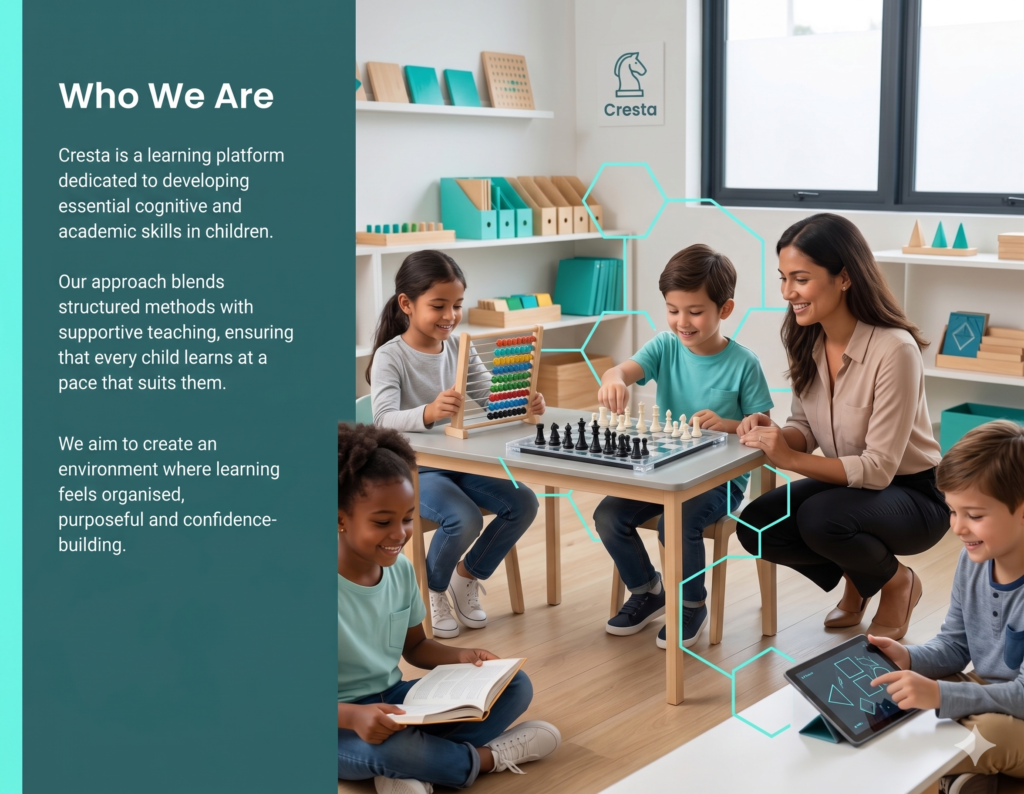 Two young children in a bright, modern classroom focused on a building activity. A young girl carefully constructs an arch using wooden blocks on a light wood table, while a boy stands nearby holding a notebook and smiling at the progress. The scene features a clean, professional aesthetic with teal and white accents, a "Cresta" logo on the wall, and a large window overlooking a city skyline.